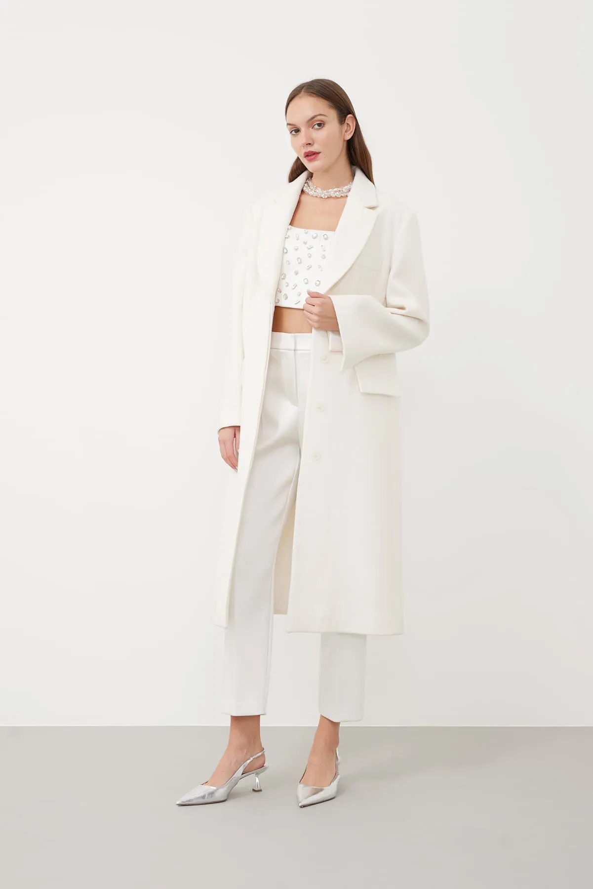 Roman Single Breasted Midi Coat Off White