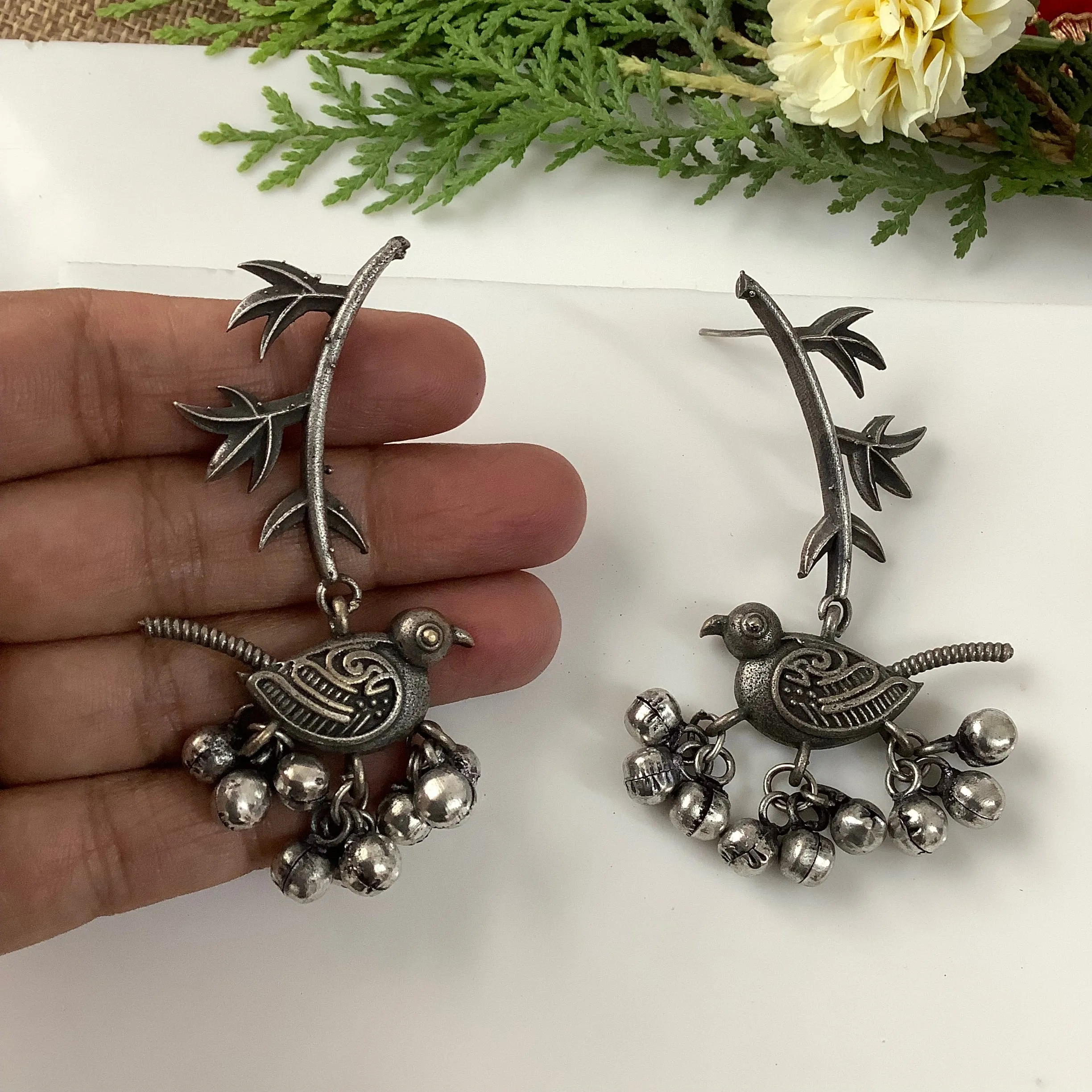 Salvanity German Silver Leafy Twig Bird Earrings