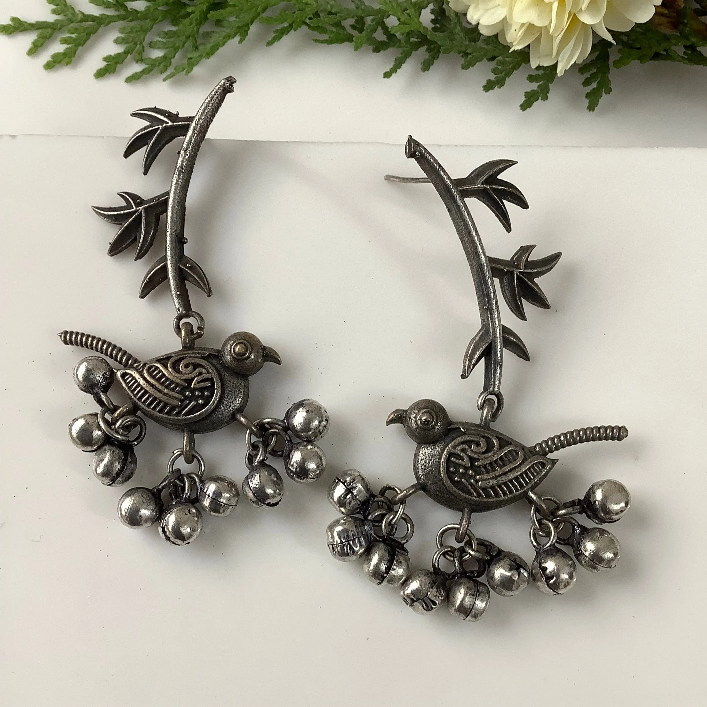 Salvanity German Silver Leafy Twig Bird Earrings