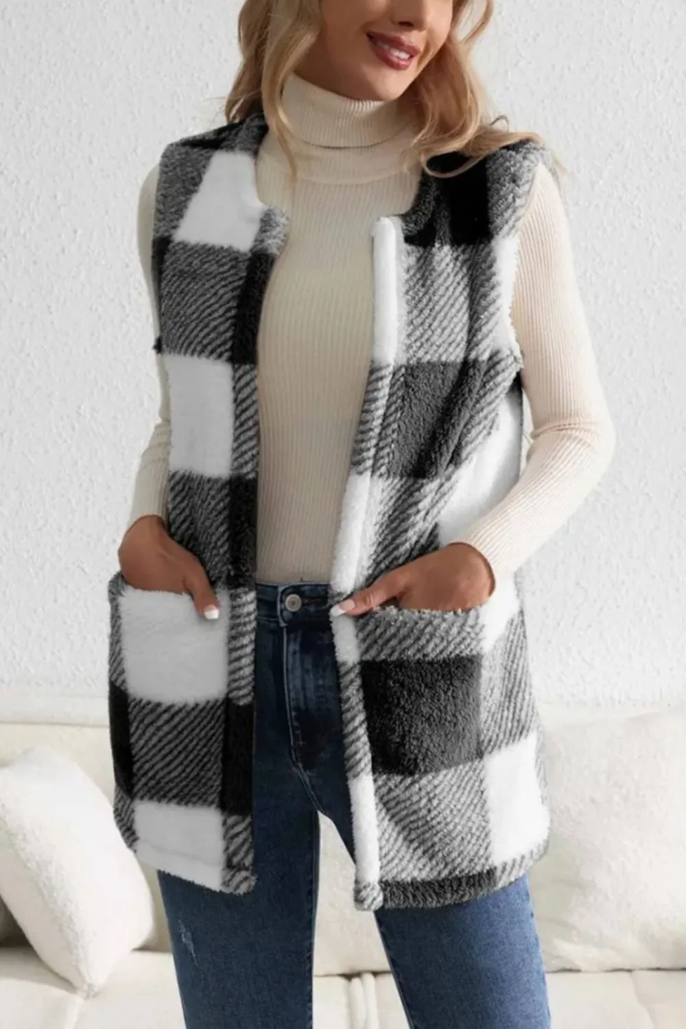 Sherpa Plaid Open Front Vest Coat