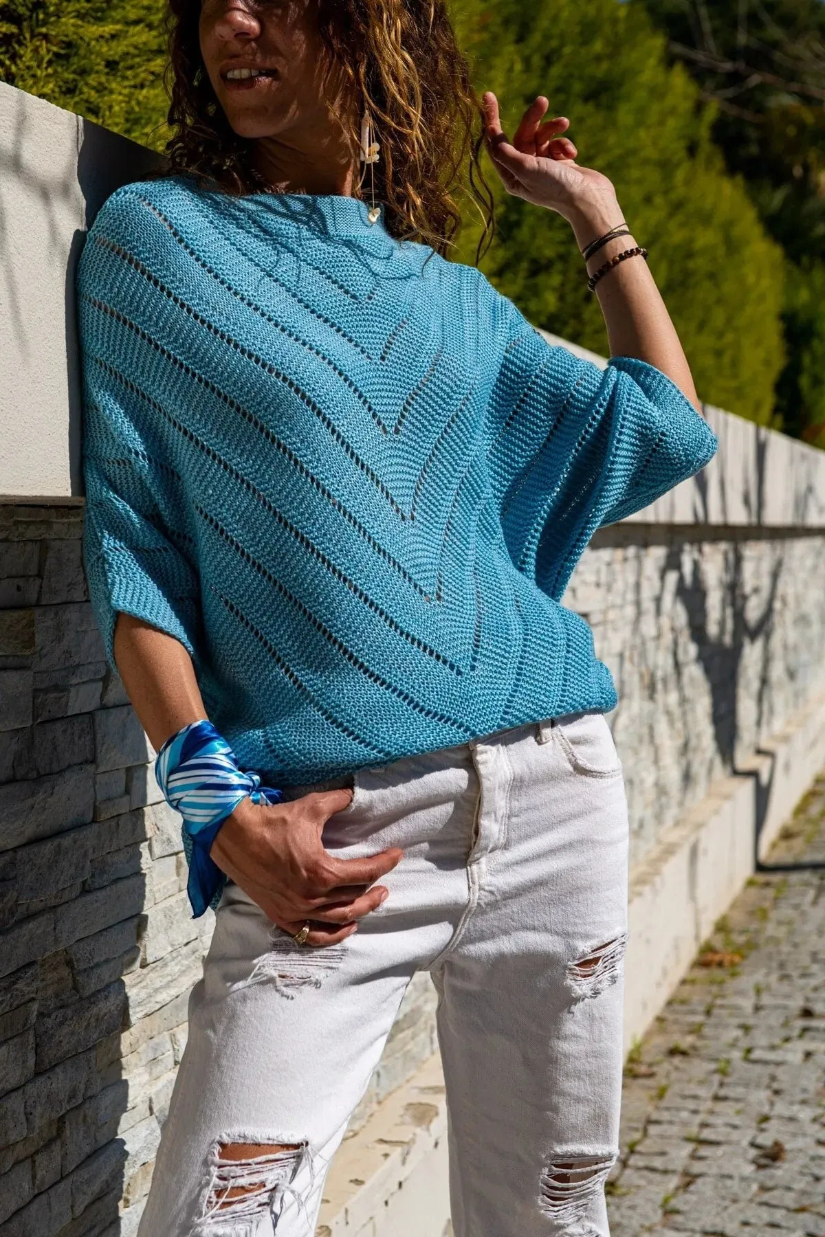 Sideways Knitted Seasonal Three Quarter Sleeve Sweater,Vintage Sweater,Relaxed Sweater,Cable Knit Sweater,Fall Sweater,Crochet Sweater