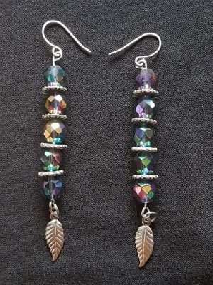 Silver Blue Irridescent Beads Leaf Earrings