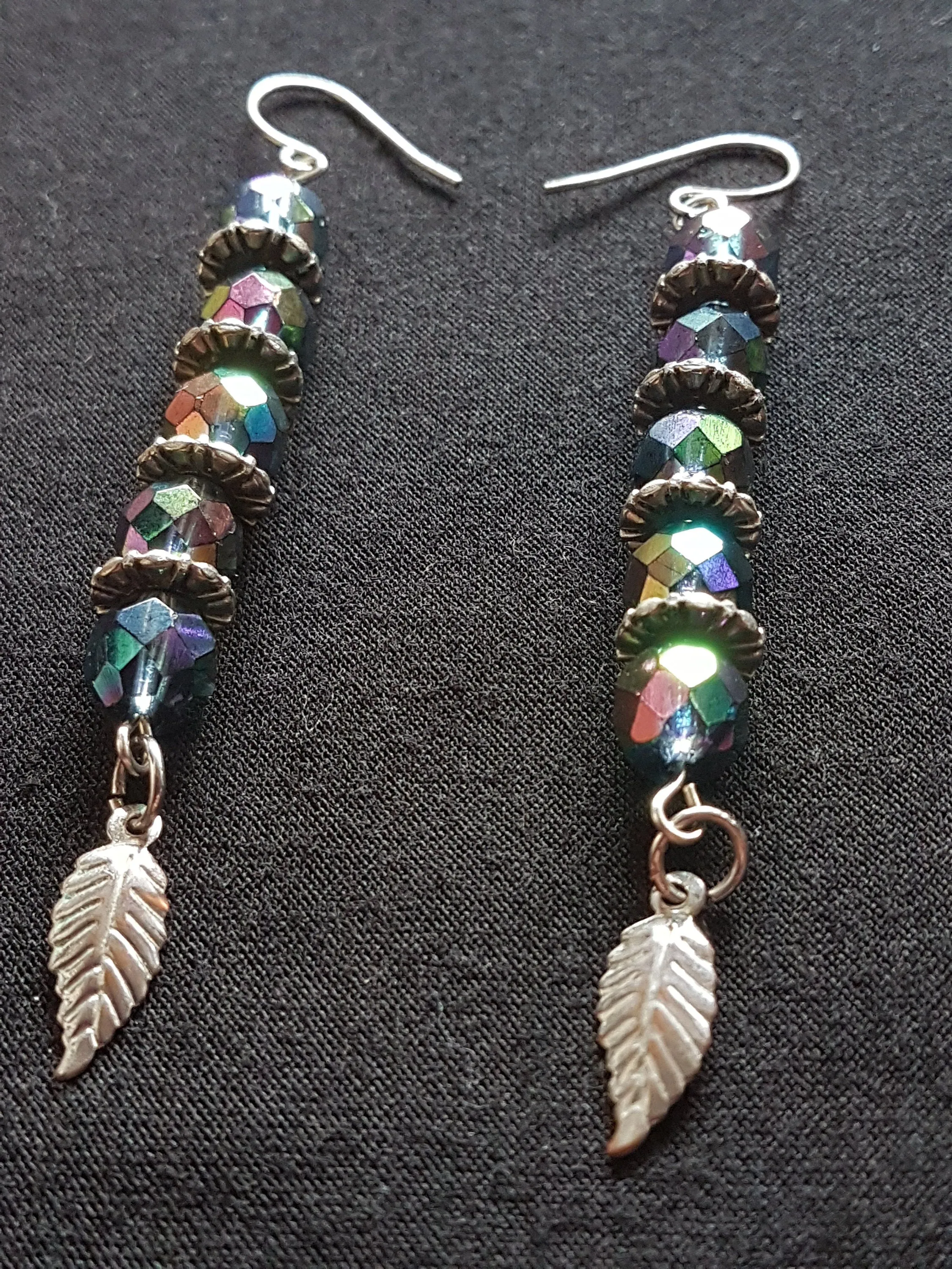 Silver Blue Irridescent Beads Leaf Earrings