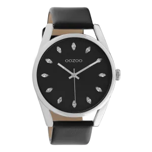 Silver coloured OOZOO watch with black leather strap - C10818