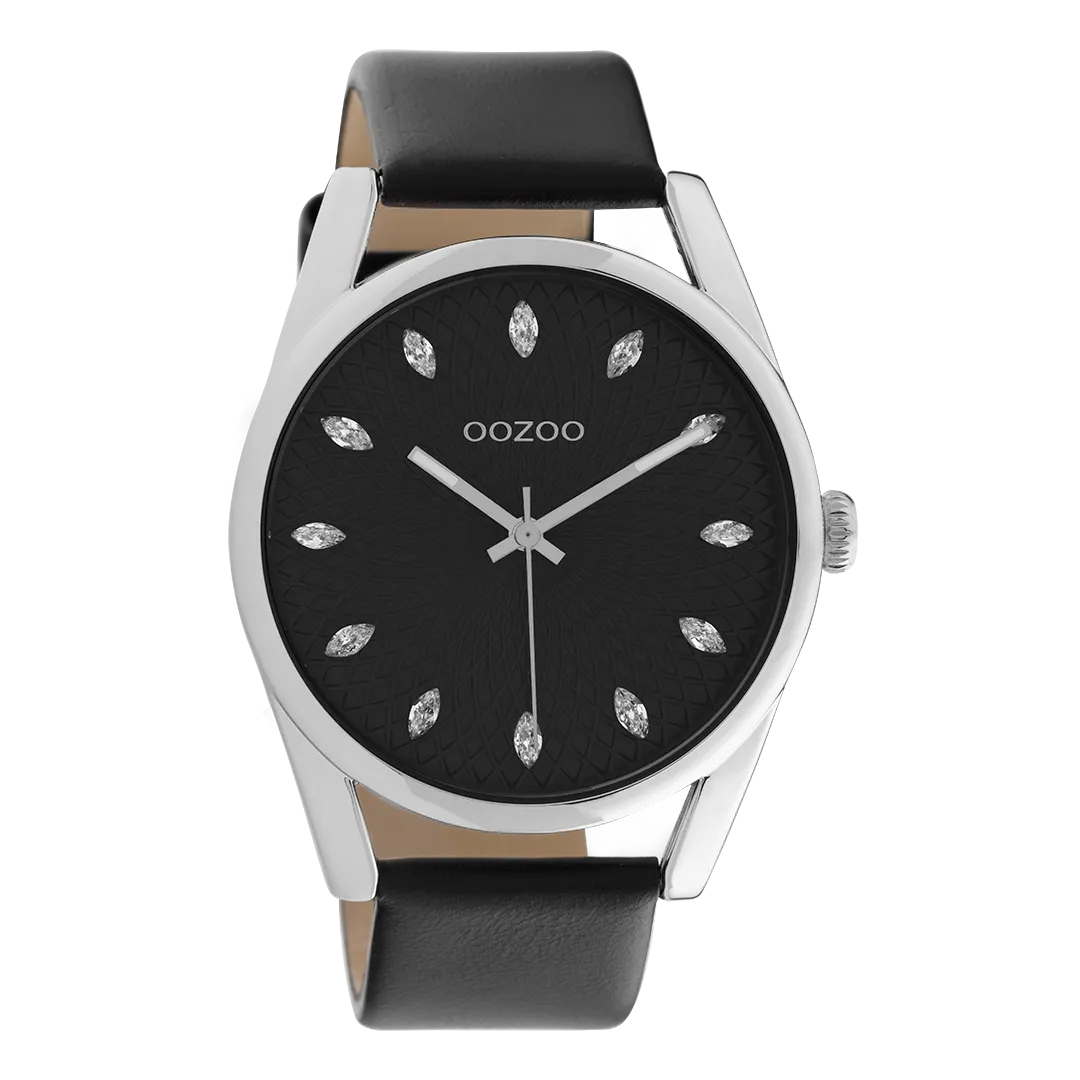 Silver coloured OOZOO watch with black leather strap - C10818