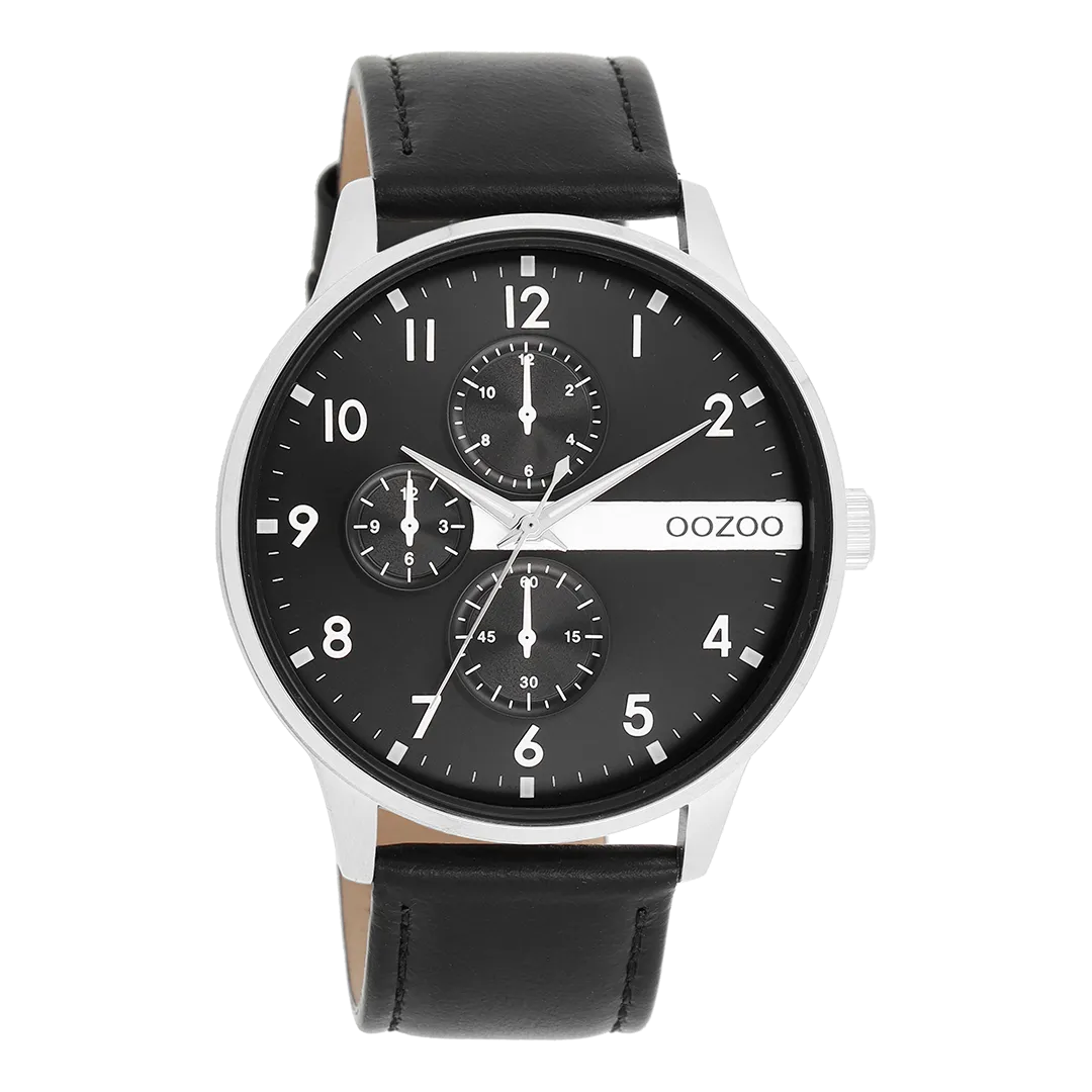 Silver coloured OOZOO watch with black leather strap - C11309