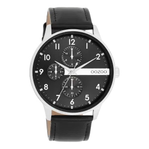 Silver coloured OOZOO watch with black leather strap - C11309