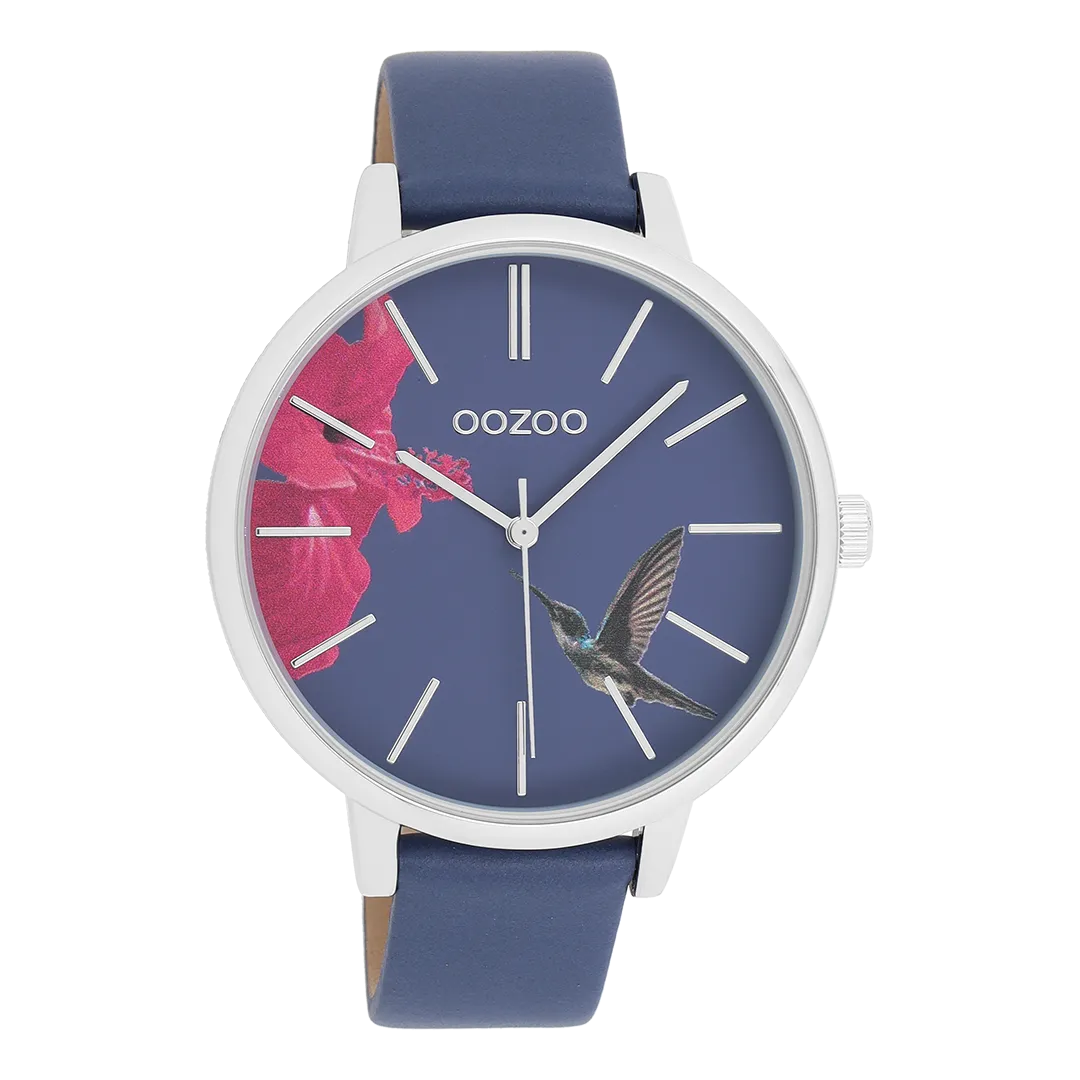 Silver coloured OOZOO watch with blue leather strap - C11069