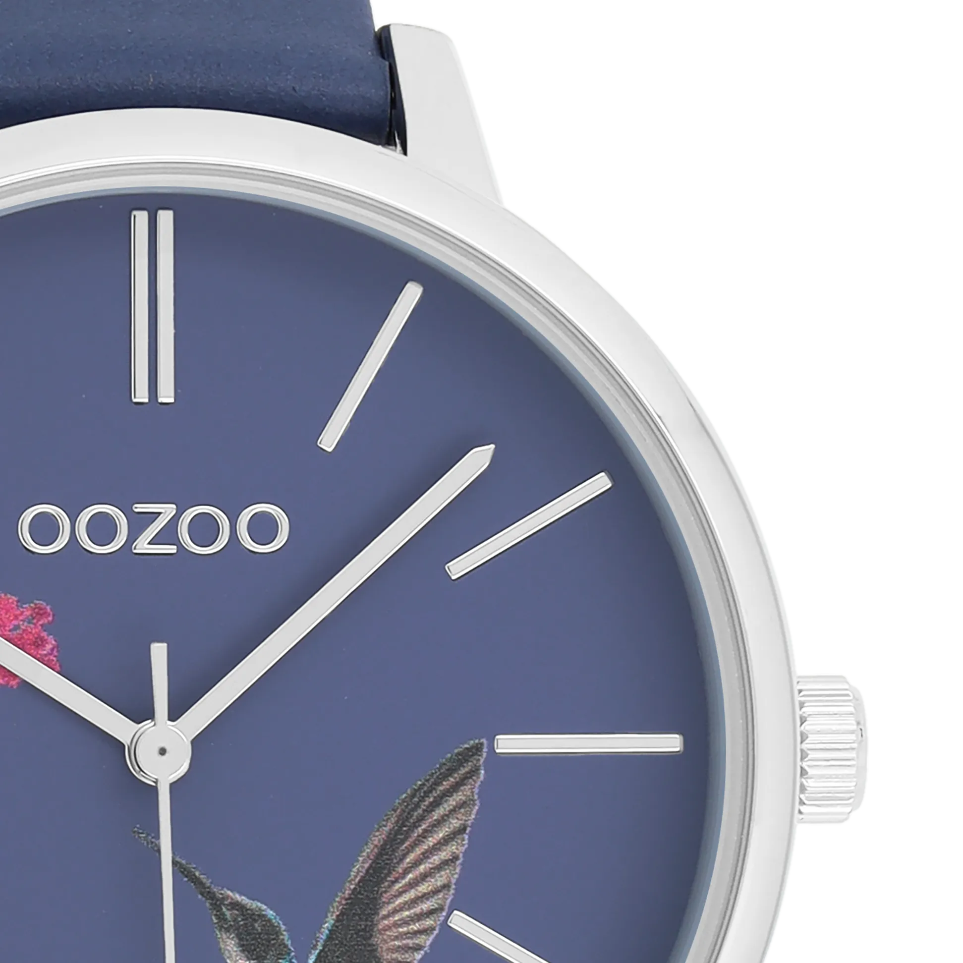 Silver coloured OOZOO watch with blue leather strap - C11069