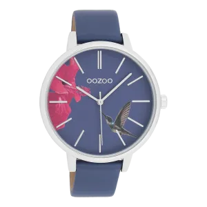 Silver coloured OOZOO watch with blue leather strap - C11069