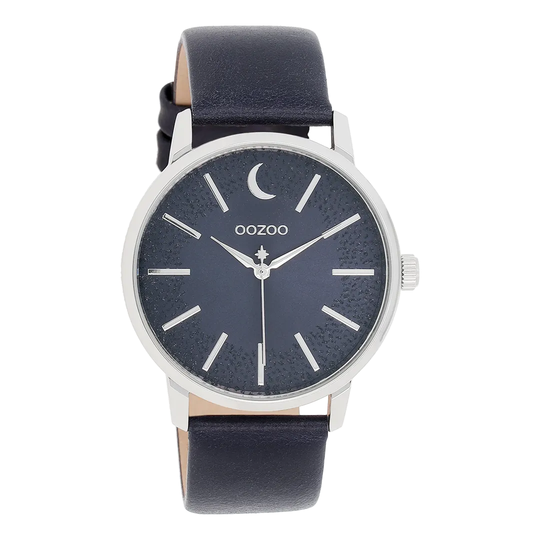 Silver coloured OOZOO watch with dark blue  leather strap - C11043