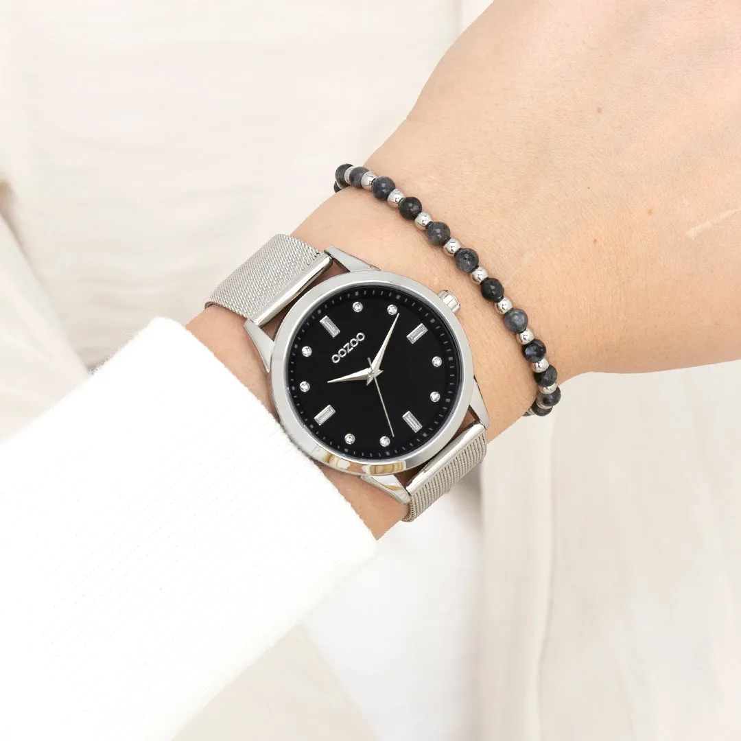 Silver coloured OOZOO watch with silver coloured metal mesh bracelet - C11356