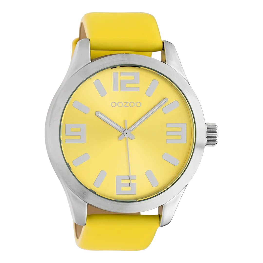 Silver coloured  watch with yellow  leather strap