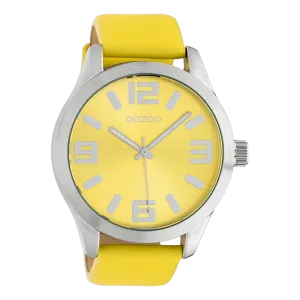 Silver coloured  watch with yellow  leather strap