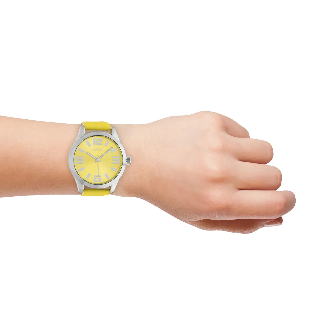 Silver coloured  watch with yellow  leather strap