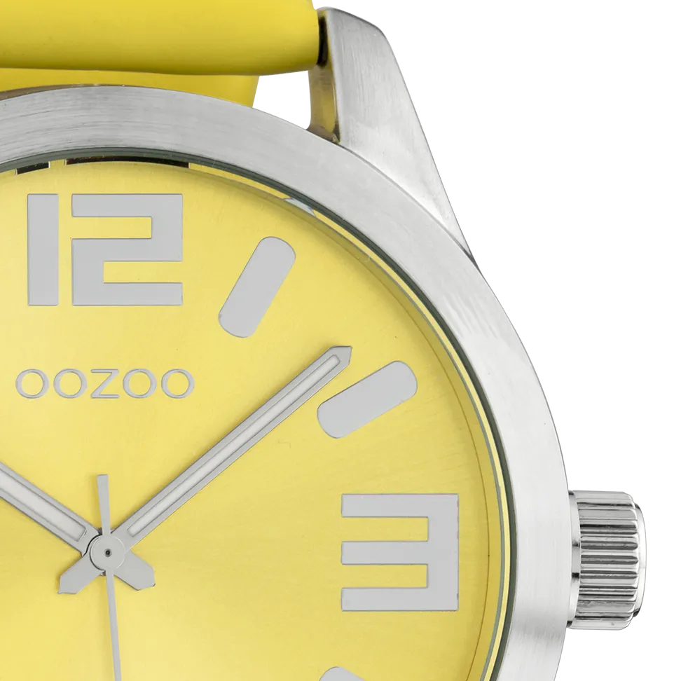 Silver coloured  watch with yellow  leather strap