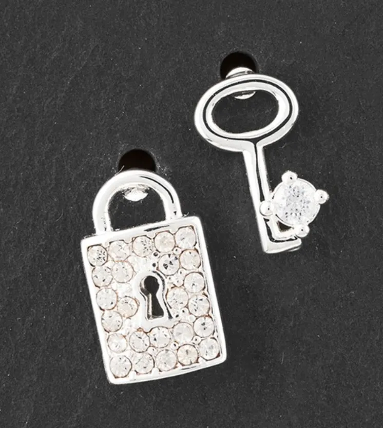 Silver Plated Odd Padlock And Key Stud Earrings