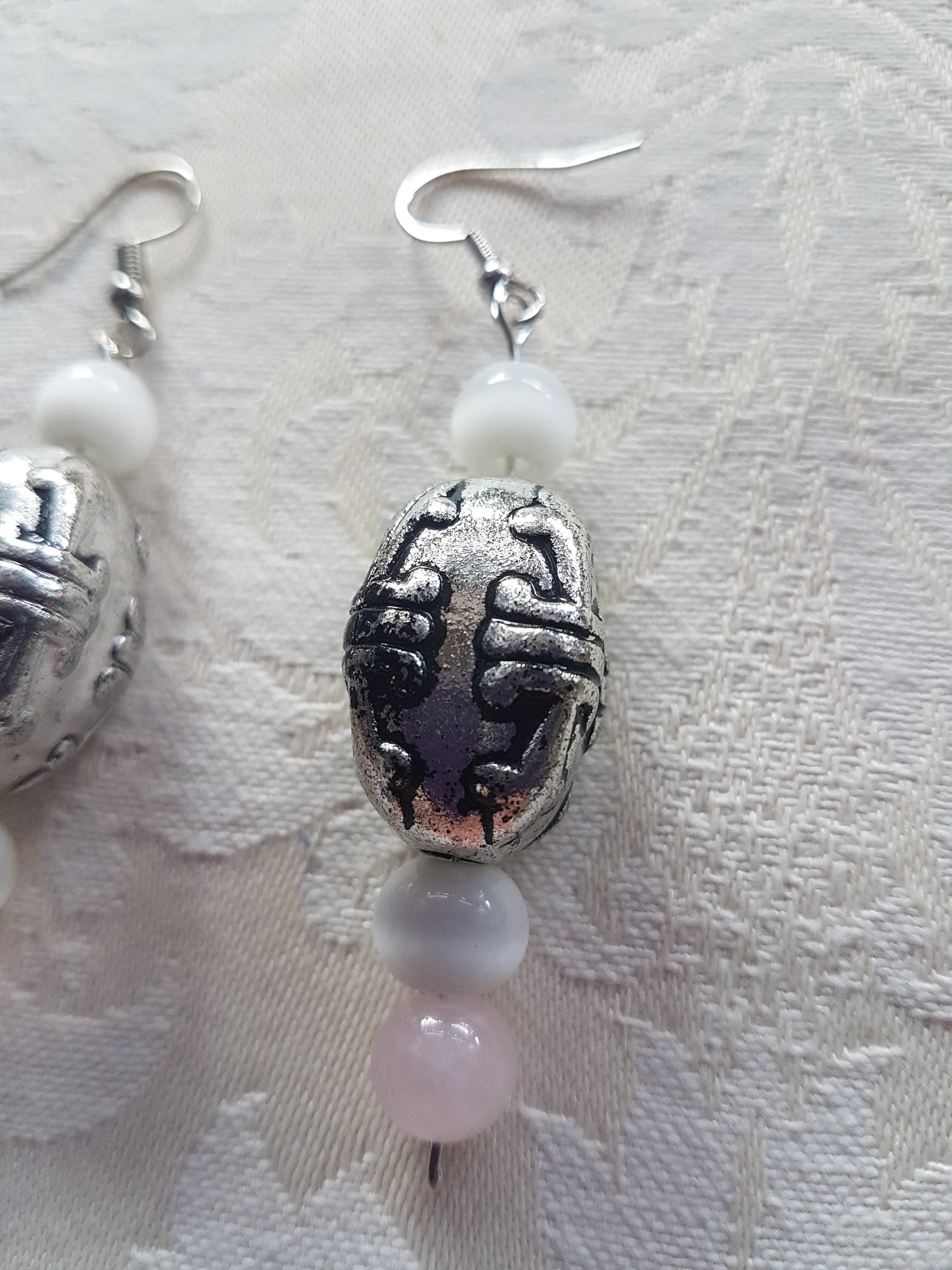 Silver White Pink Silver Bead Earrings