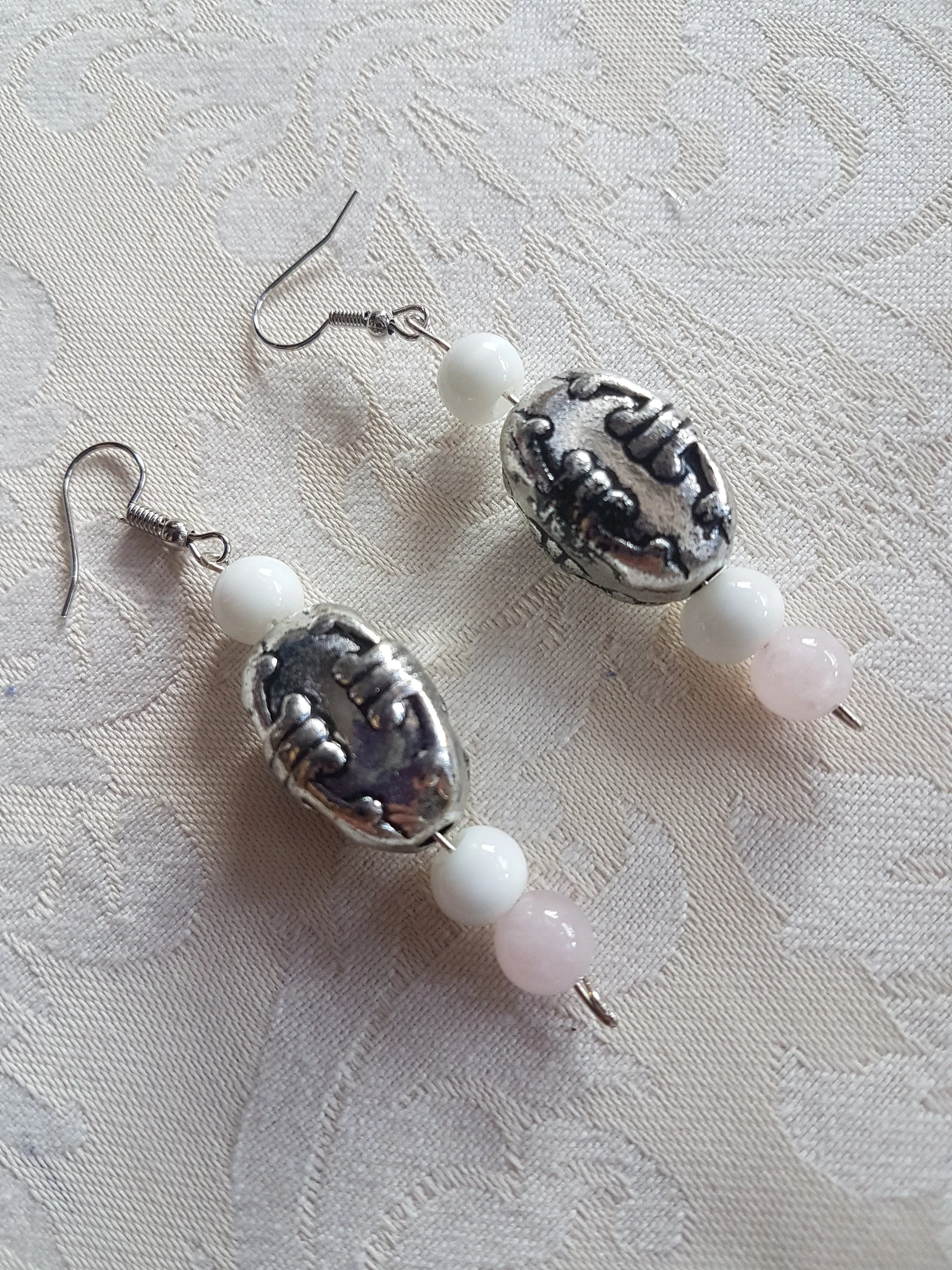 Silver White Pink Silver Bead Earrings