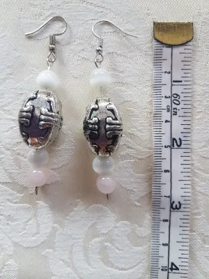 Silver White Pink Silver Bead Earrings