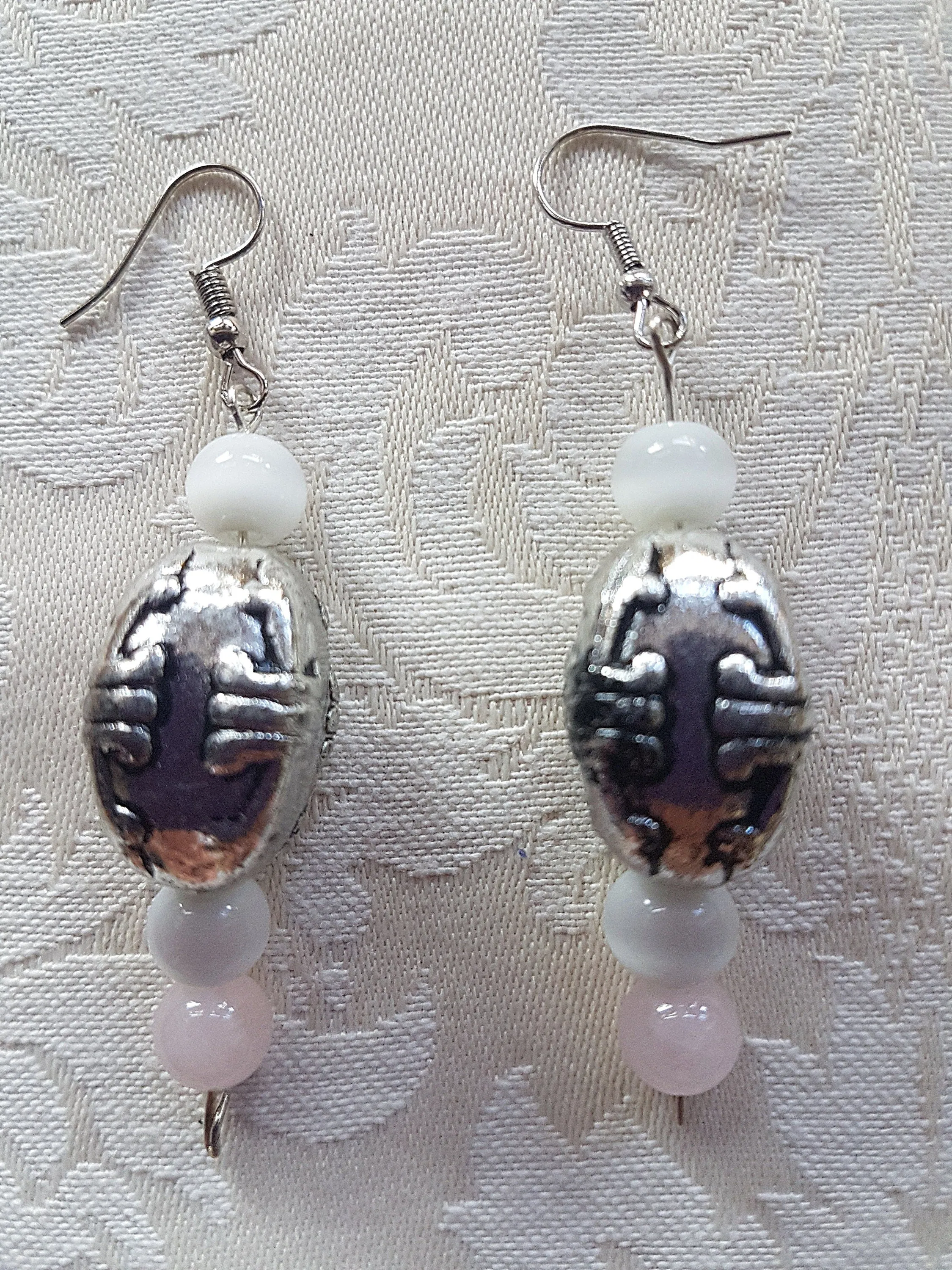 Silver White Pink Silver Bead Earrings