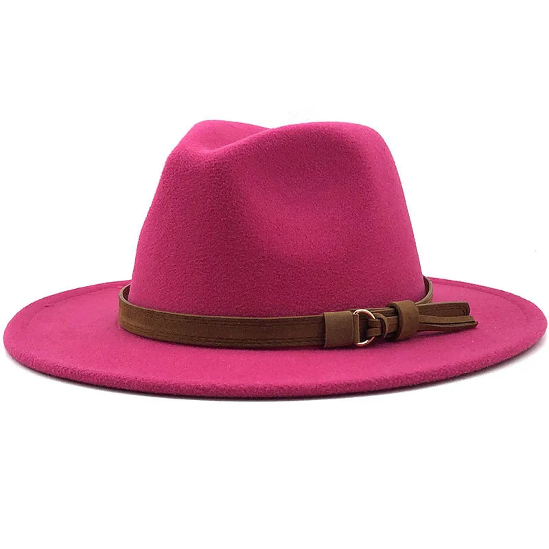 Simple Church Hat Suede Belt Woolen Hat British Style Fedora Hat Wide Brim Hat Women's Autumn And Winter Top Hat