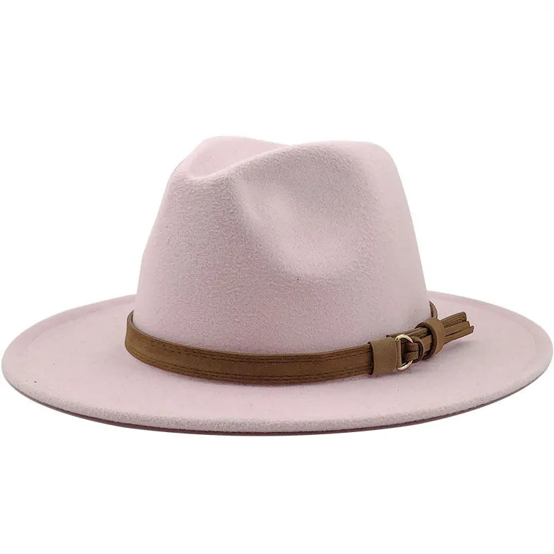 Simple Church Hat Suede Belt Woolen Hat British Style Fedora Hat Wide Brim Hat Women's Autumn And Winter Top Hat