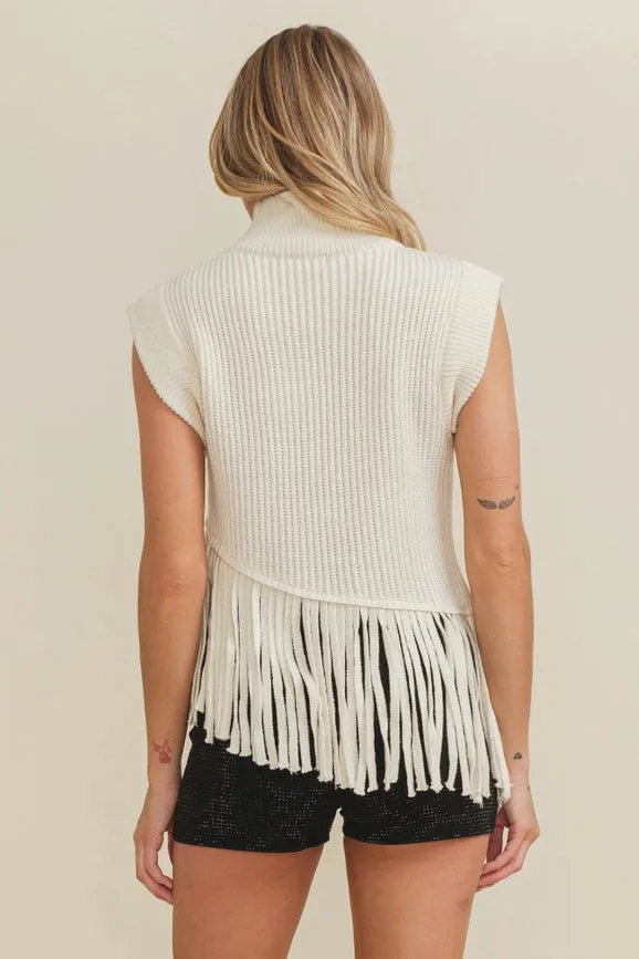 Sleeveless Fringe Turtleneck Sweater Cream