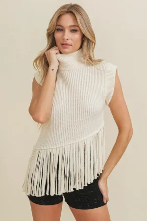 Sleeveless Fringe Turtleneck Sweater Cream