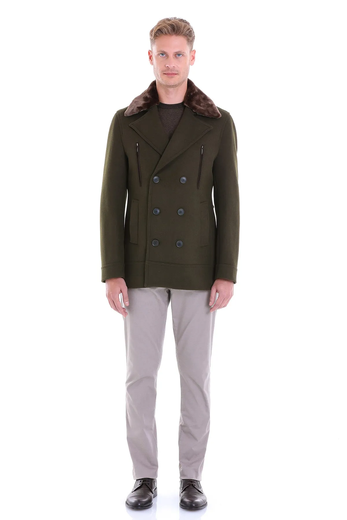 Slim Fit Cachet Double Breasted Khaki Wool Blend Coat