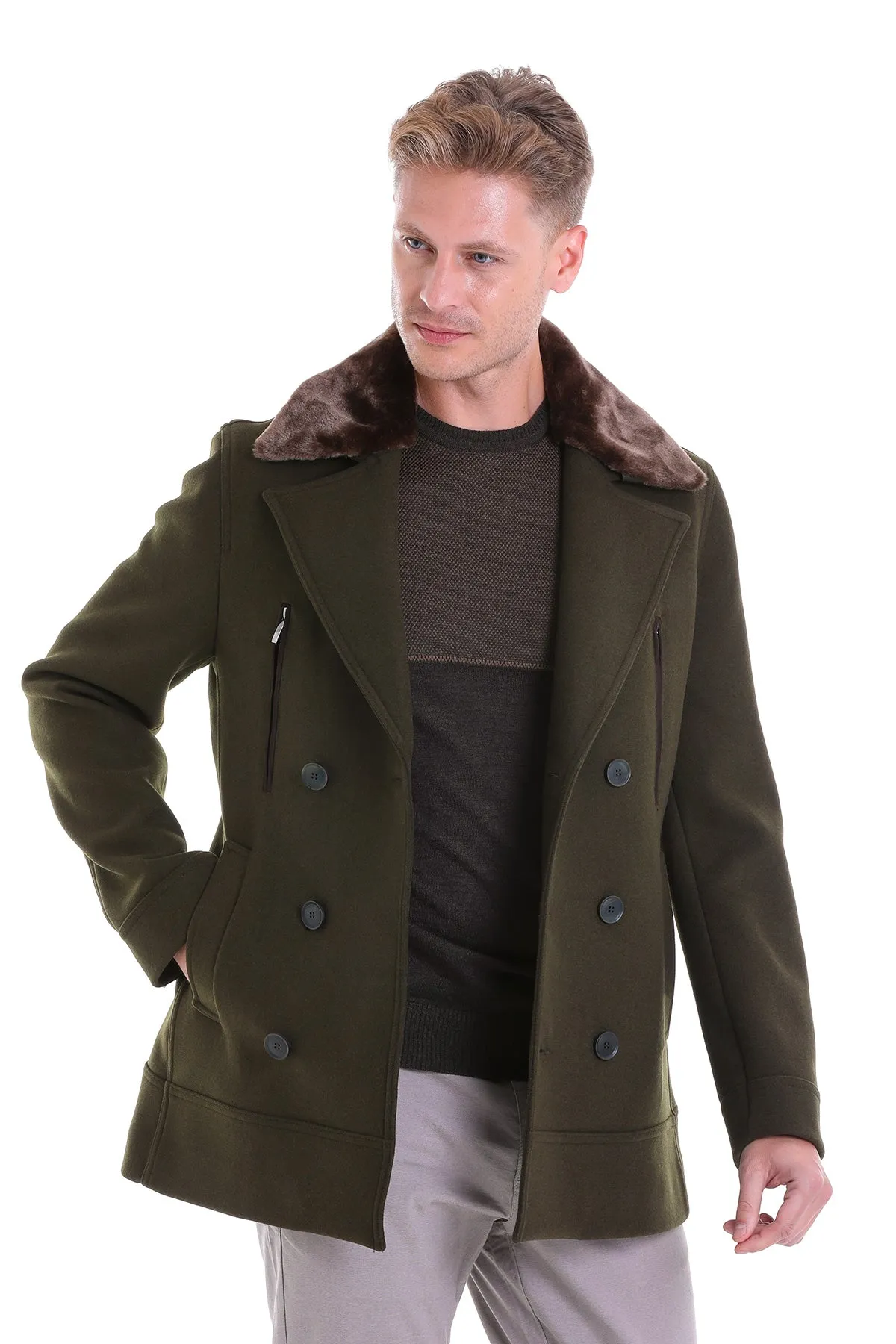 Slim Fit Cachet Double Breasted Khaki Wool Blend Coat