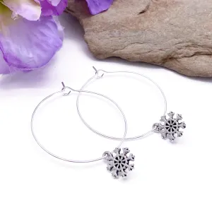 Snowflake Charm Silver Plated Hoop Earrings 35mm