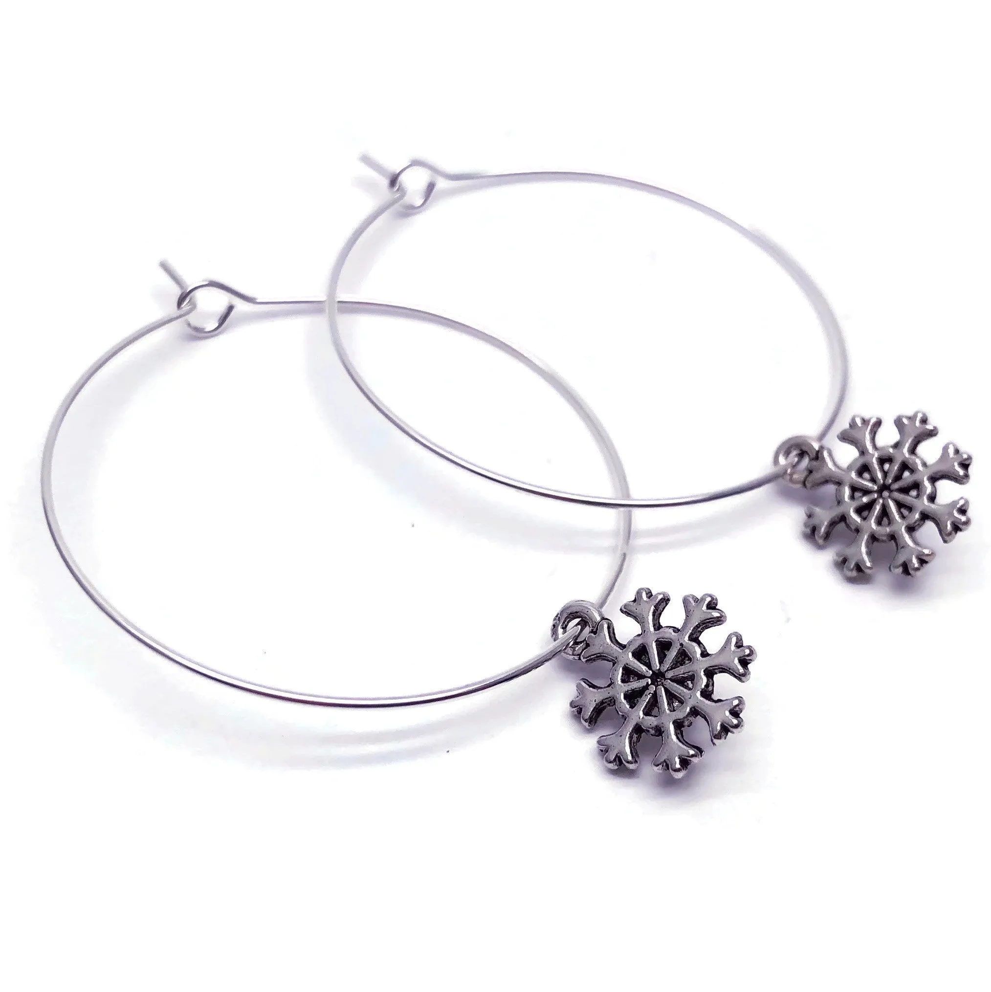 Snowflake Charm Silver Plated Hoop Earrings 35mm