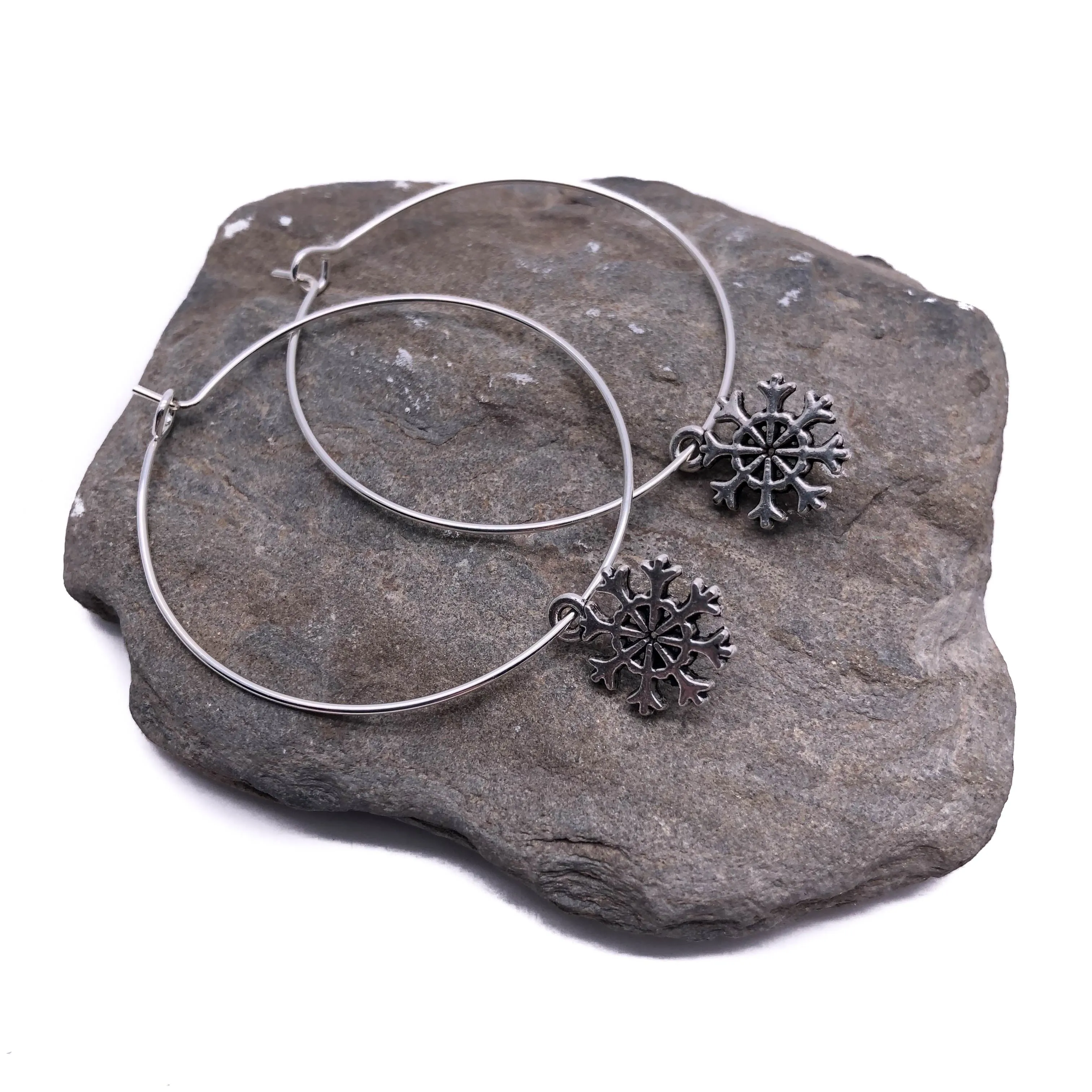 Snowflake Charm Silver Plated Hoop Earrings 35mm