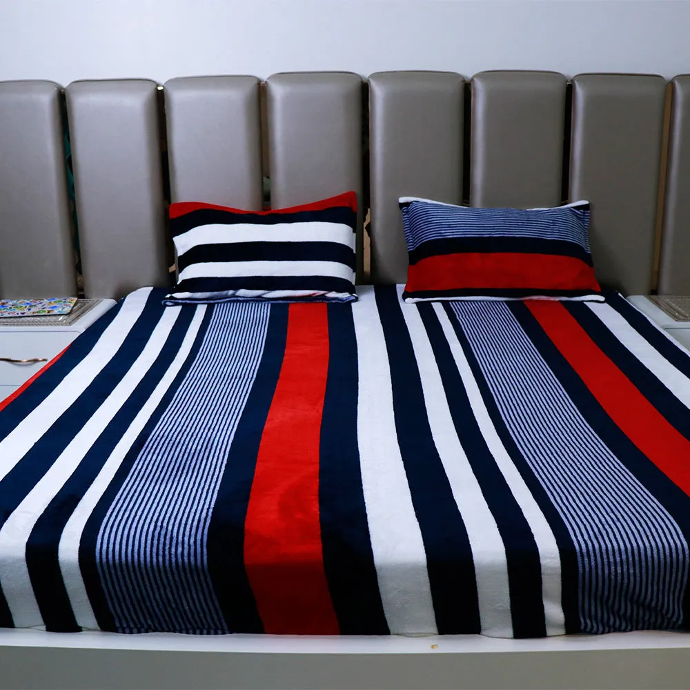 Soft Woolen Strip Design Winter Bedsheet With Pillow covers ( 90*100 inch, 2.3kg , 300gsm )