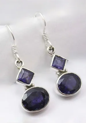 Solid Silver Iolite Diamond and Oval Drop Earrings