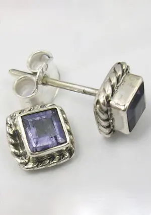 Solid Silver Iolite Square Stud Earrings