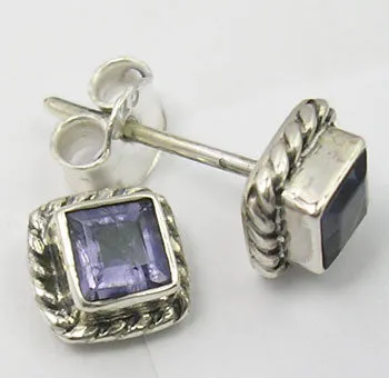 Solid Silver Iolite Square Stud Earrings