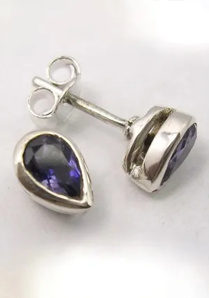 Solid Silver Iolite Tear-Drop Stud Earrings