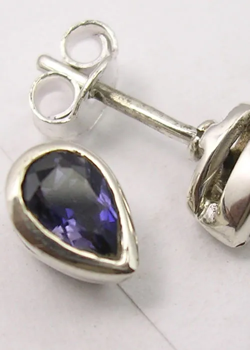 Solid Silver Iolite Tear-Drop Stud Earrings