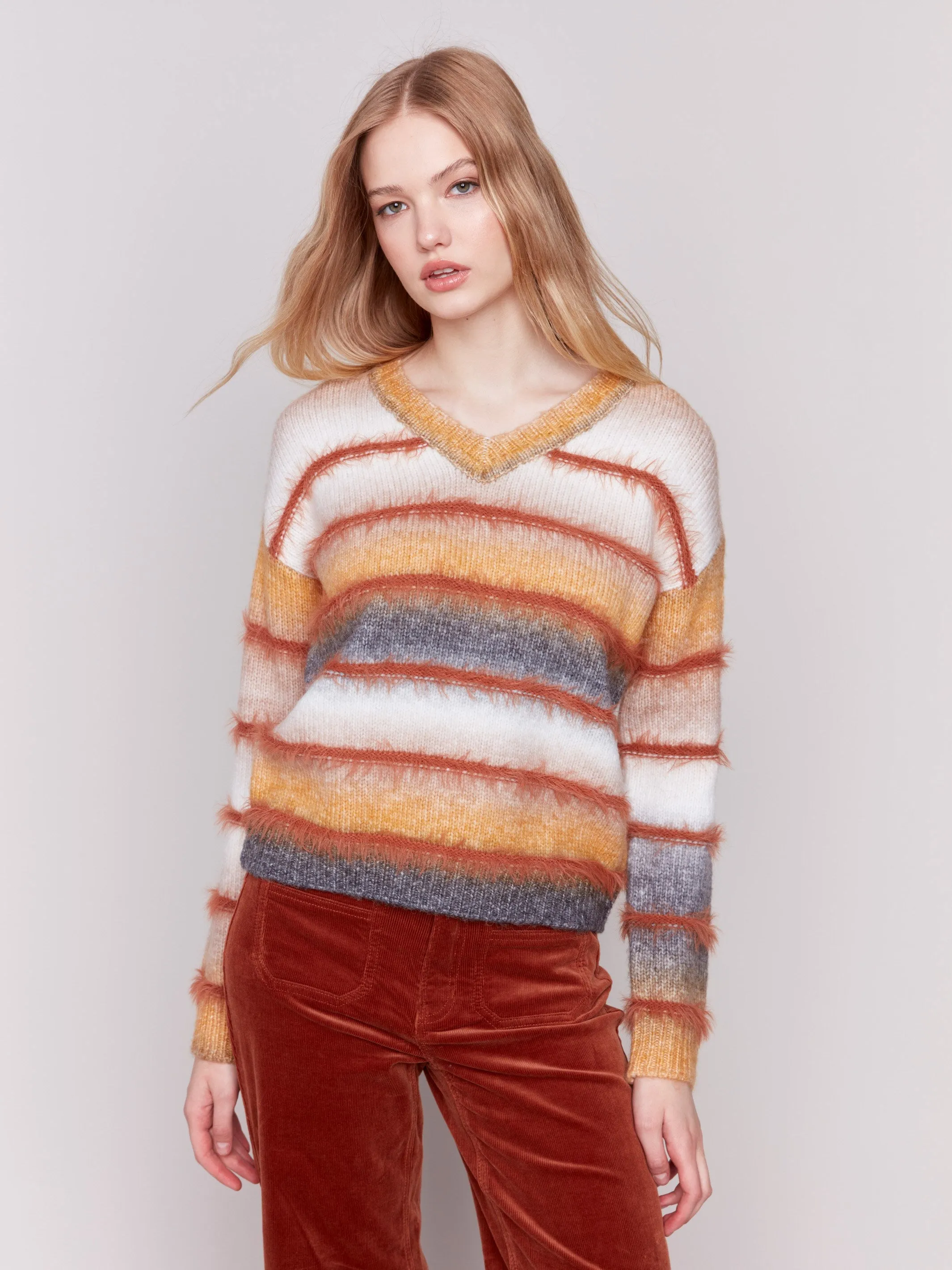 Space Dye Sweater with Striped Eyelash Yarn - Amber