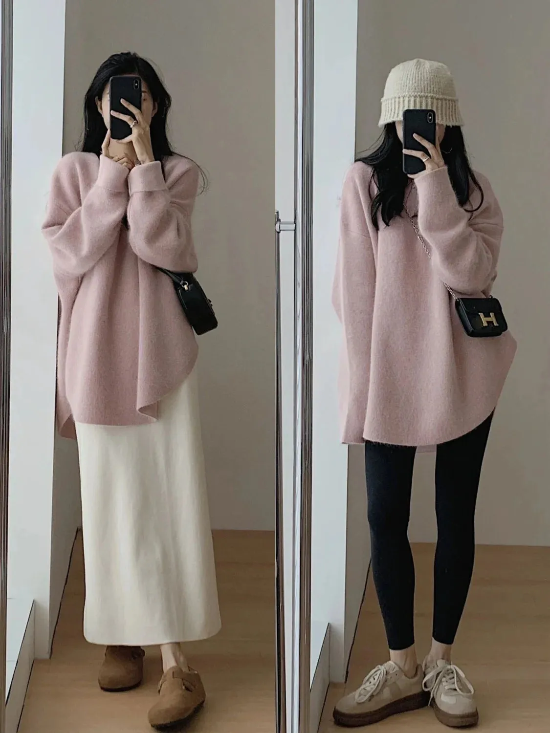 Spring Women New Korean Sweater Loose Knitting Warm Round Neck Falling Shoulder Sleeves Long Sleeved Solid Color All-match Tops