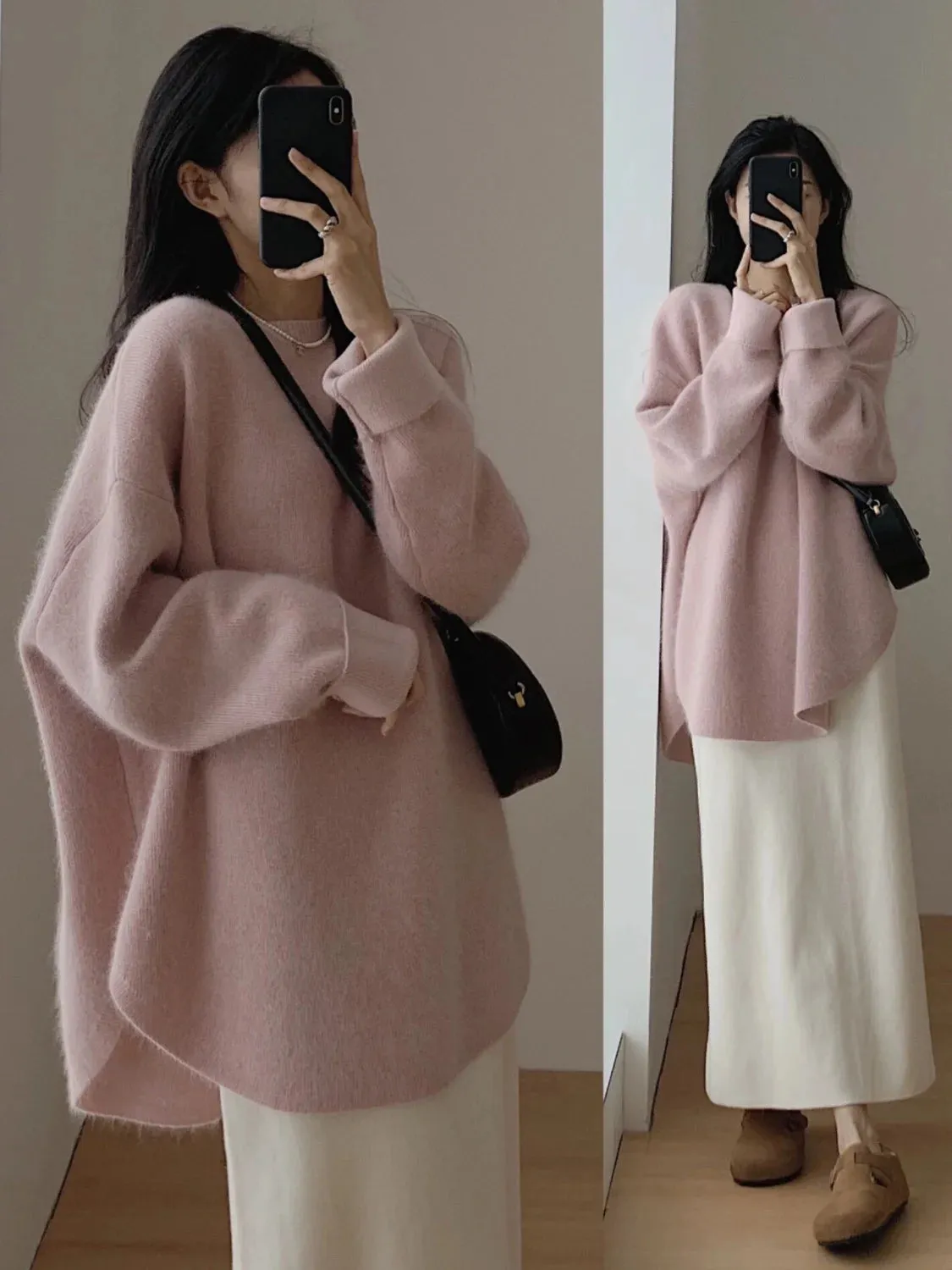 Spring Women New Korean Sweater Loose Knitting Warm Round Neck Falling Shoulder Sleeves Long Sleeved Solid Color All-match Tops