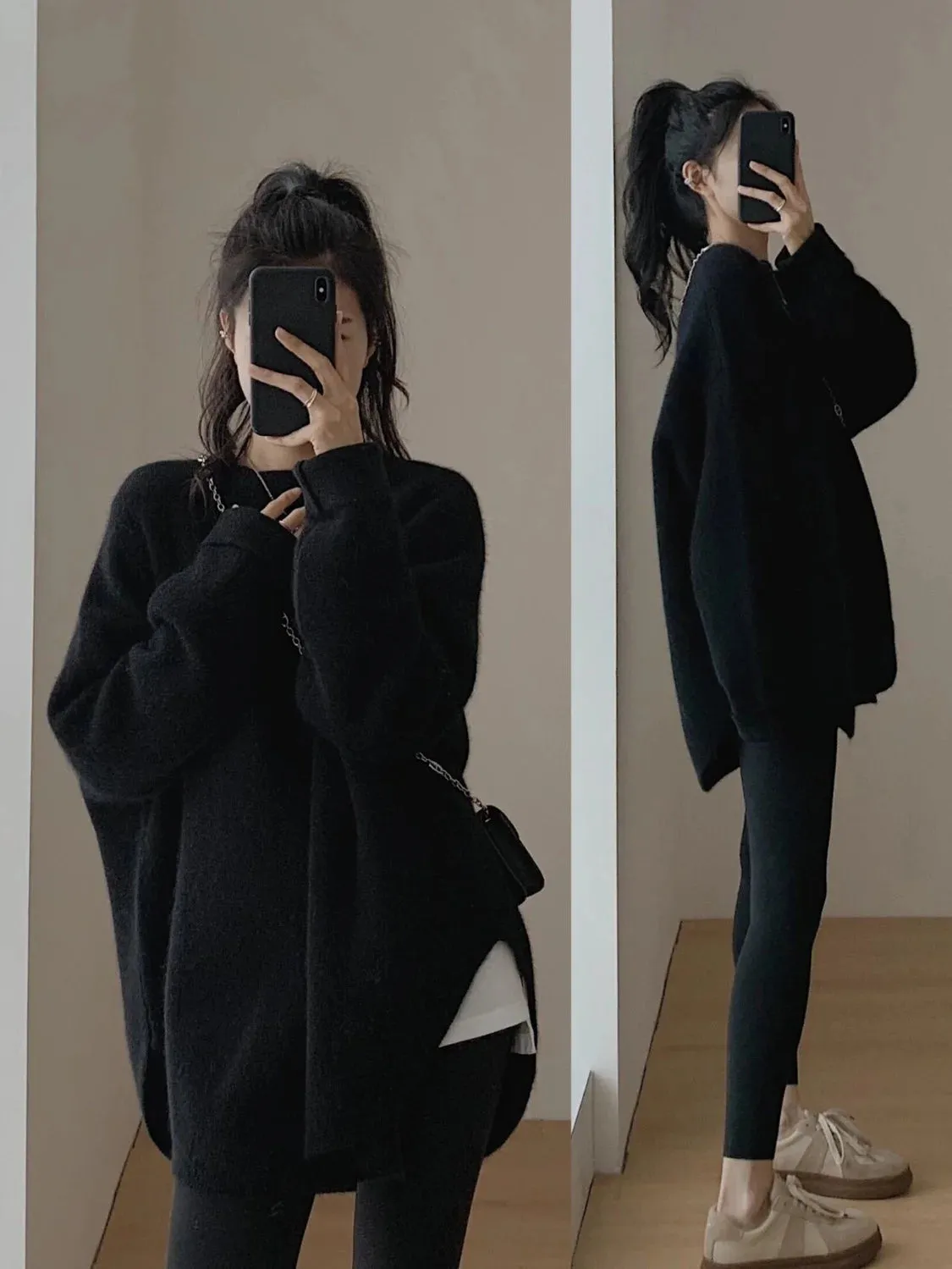 Spring Women New Korean Sweater Loose Knitting Warm Round Neck Falling Shoulder Sleeves Long Sleeved Solid Color All-match Tops