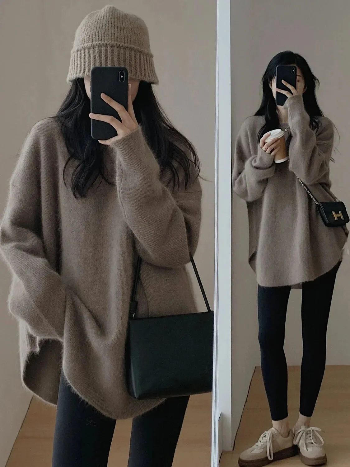 Spring Women New Korean Sweater Loose Knitting Warm Round Neck Falling Shoulder Sleeves Long Sleeved Solid Color All-match Tops