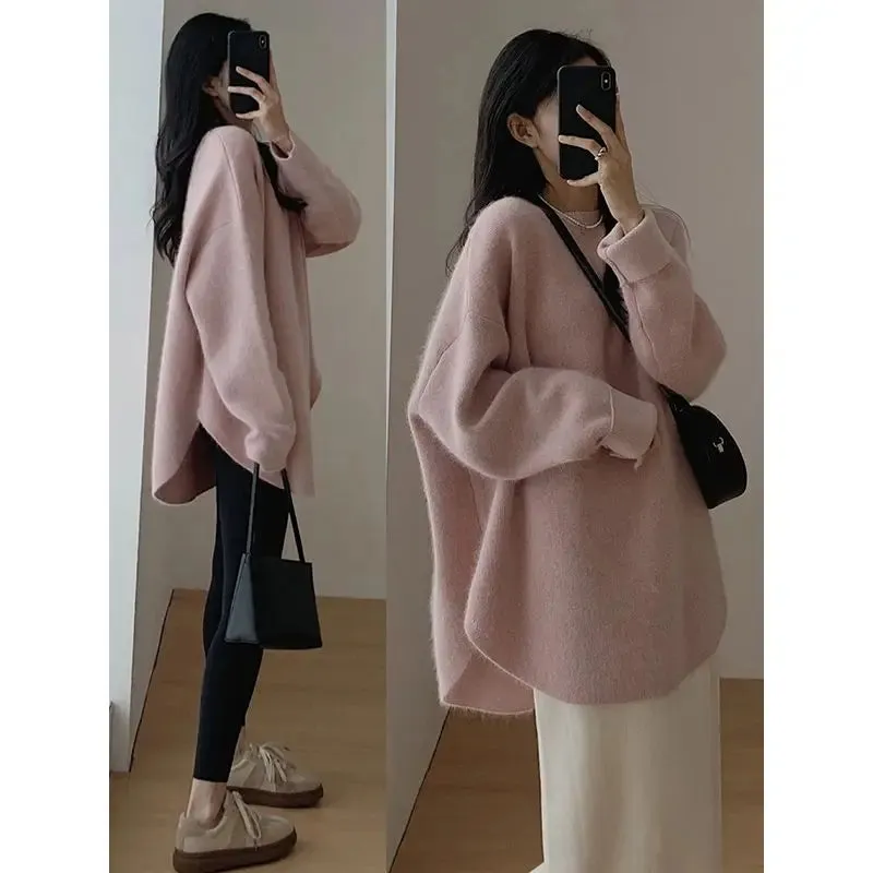 Spring Women New Korean Sweater Loose Knitting Warm Round Neck Falling Shoulder Sleeves Long Sleeved Solid Color All-match Tops