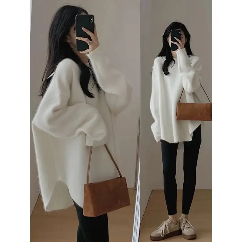 Spring Women New Korean Sweater Loose Knitting Warm Round Neck Falling Shoulder Sleeves Long Sleeved Solid Color All-match Tops