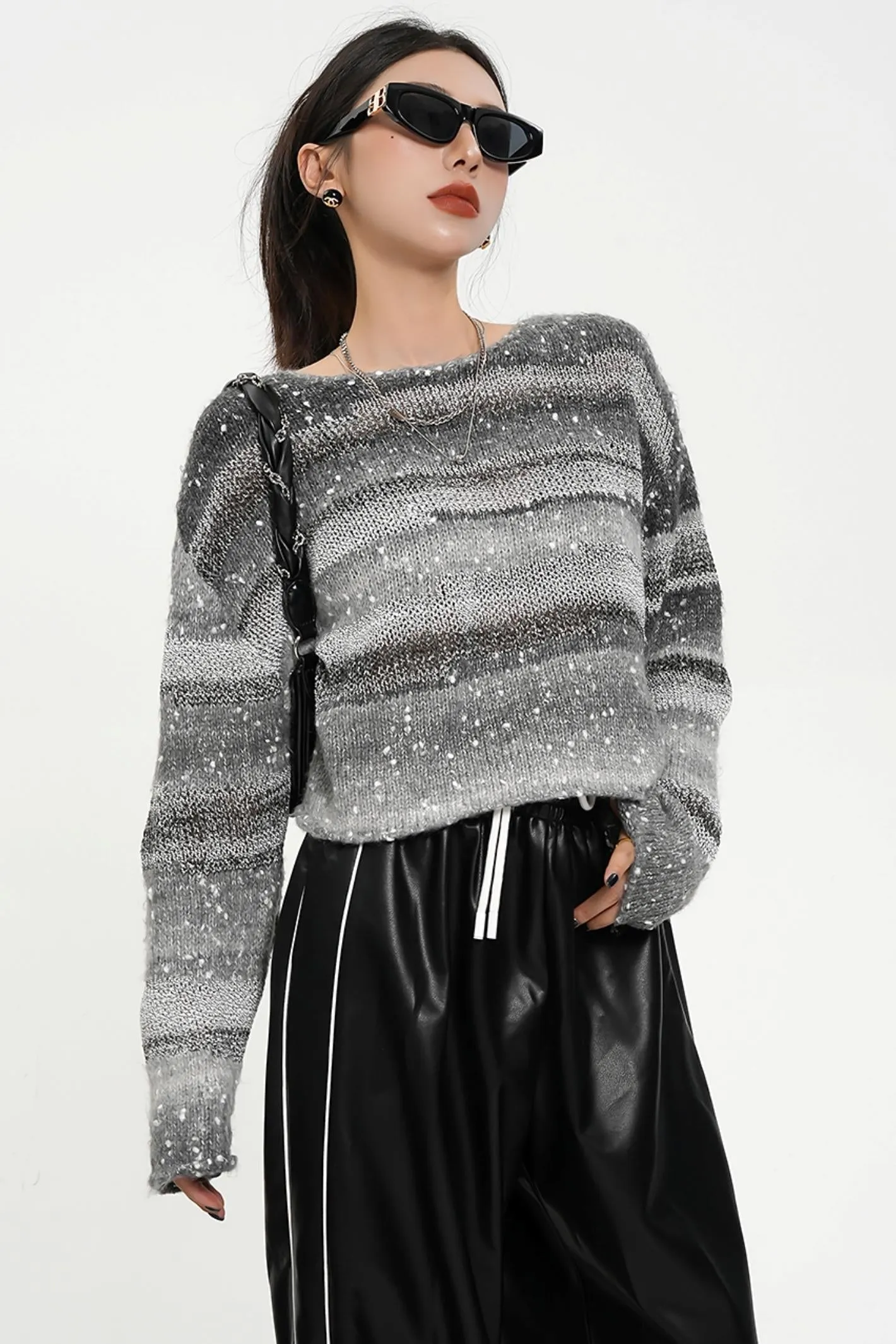 Striped Mohair-Blend Cropped Sweater - Fuzzy Long Sleeve Knit Top