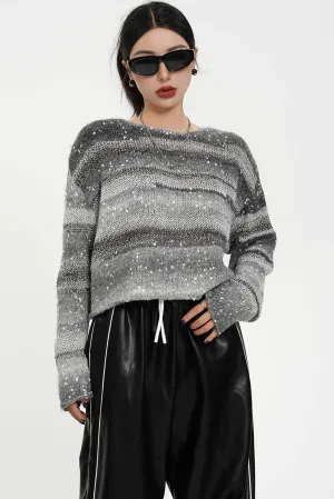 Striped Mohair-Blend Cropped Sweater - Fuzzy Long Sleeve Knit Top