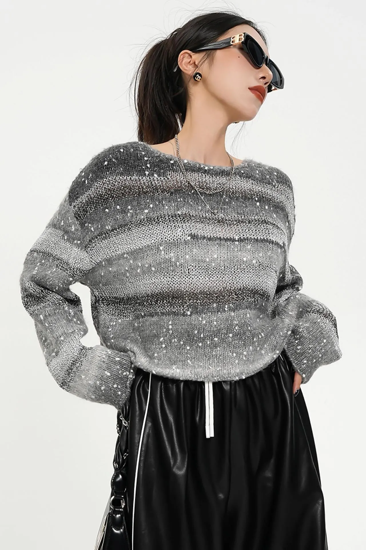 Striped Mohair-Blend Cropped Sweater - Fuzzy Long Sleeve Knit Top